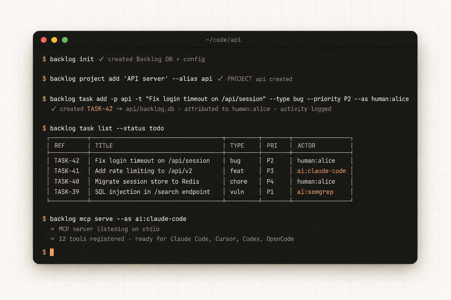 Backlog’s CLI in a terminal: init a workspace, add a project, create and list tasks