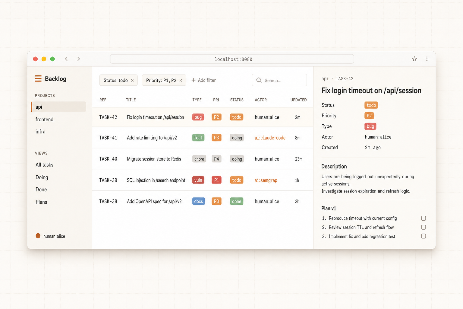 Backlog’s web UI showing a tasks table with mixed human and AI agent attribution