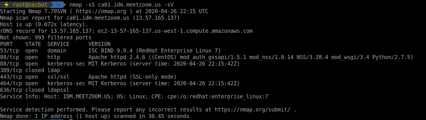 Nmap port scan on ca01.idm.meetzoom.us